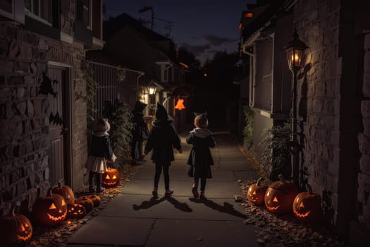 Halloween concept with the silhouettes of teens walking on a dark alley with lit head-shaped Jack-o'-lantern pumpkins .