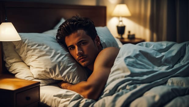 A young beautiful male with thick hair having trouble sleeping in bed, with low light in the room.