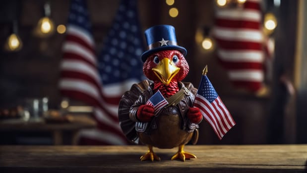 Thanksgiving concept with a turkey figure wearing a hat and holding the USA flag against a bokeh background with copy space.
