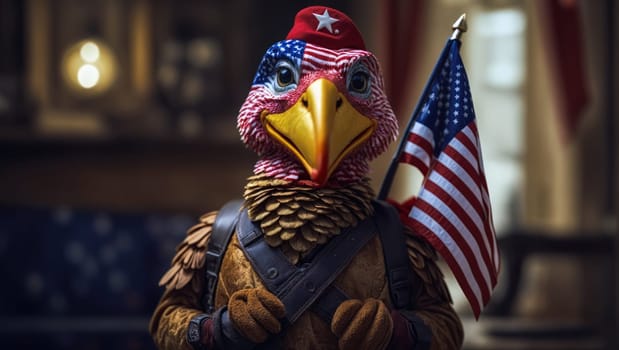 Thanksgiving concept with a turkey figure in USA flag colors, wearing a red beret, against a bokeh background with copy space.