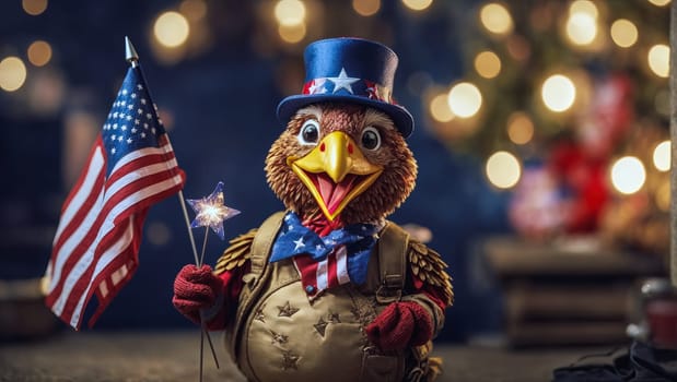 Thanksgiving concept with a turkey figure wearing a hat and holding the USA flag and a star sparkler against a bokeh background with copy space.