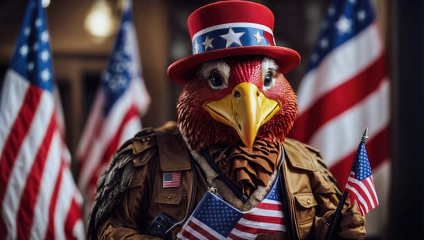 Thanksgiving concept with a turkey figure wearing a hat and holding the USA flag against a bokeh background with copy space.