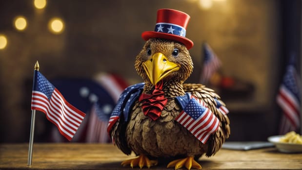 Thanksgiving concept with a turkey figure wearing a red hat next to the USA flag against a bokeh background with copy space.