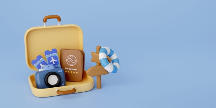 3d Traveling suitcase with travel accessories on Blue background. travel concept. 3d rendering..