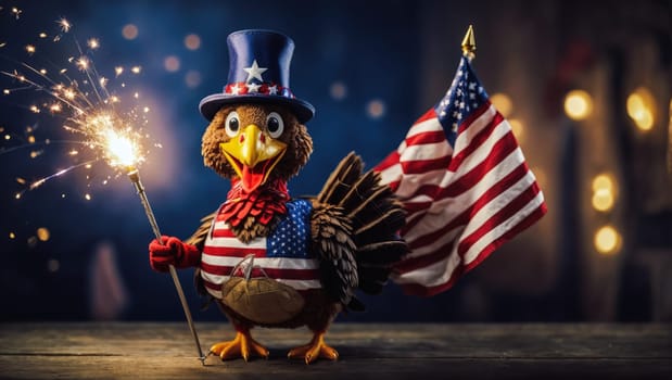 Thanksgiving concept with a turkey figure wearing a hat and dressed with the USA flag holding a sparkler against a bokeh background with copy space.