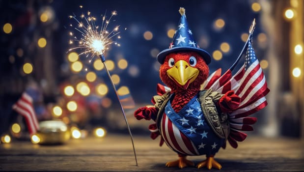 Thanksgiving concept with a turkey figure wearing a hat and dressed with the USA flag next to a sparkler, against a bokeh background with copy space.