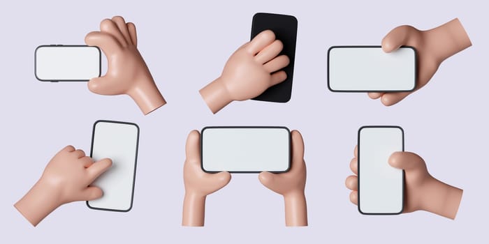 3d hand hold phone set. icon isolated on gray background. 3d rendering illustration. Clipping path..