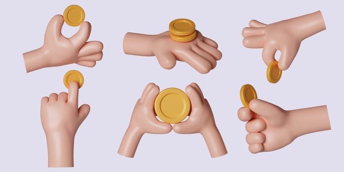 3d hand with golden coins set. The concept of a sale with a dollar sign. Mobile banking service, cashback. icon isolated on gray background. 3d rendering illustration. Clipping path..