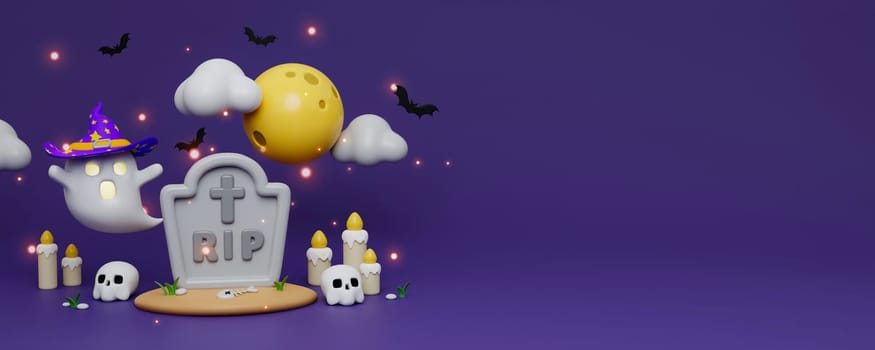 3D Spooky Halloween at graveyard. 3D Rendering cute ghost floating above pumpkin, candle, skull at spooky full moon night. Preparation for holiday. copy space. 3d render..
