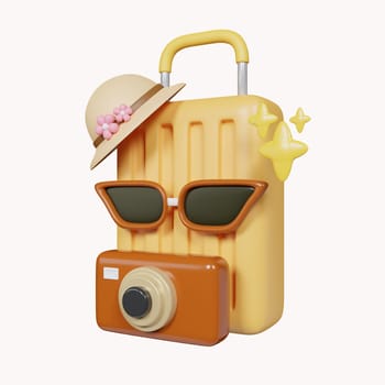 3d Traveler tourist accessories luggage sun glasses hat camera. vacation holidays trip plane. icon isolated on white background. 3d rendering illustration. Clipping path.