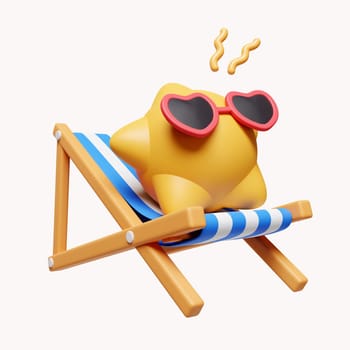 3d the sun sit on a beach chair. relax time. summer vacation and holidays concept. icon isolated on white background. 3d rendering illustration. Clipping path.