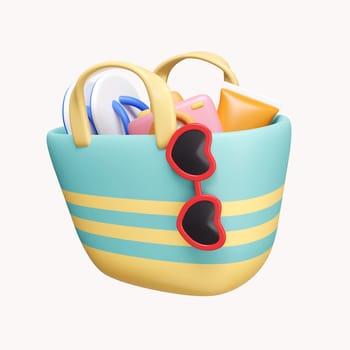 3d bag with sandals, camera, sunscreen and sun glasses. summer vacation and holidays concept. icon isolated on white background. 3d rendering illustration. Clipping path..