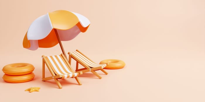 Beach Chair, Umbrella and swimming ring , Summer holiday, Time to travel concept. Creative travel concept idea with copy space. illustration banner 3d rendering illustration.