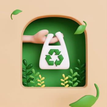 3d hand hold plastic bag with plant and beige. recycle and save the planet and energy concept. 3d rendering illustration. 3d rendering illustration..