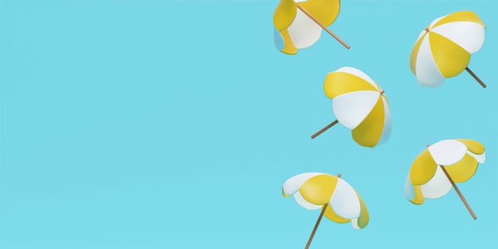 float yellow umbrella isolate on pastel blue background, summer concept, concept of summer. 3 illustration banner. 3d rendering illustration.