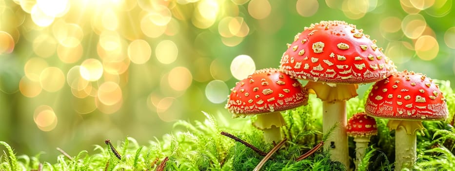 A cluster of red mushrooms, a type of terrestrial plant, grows amidst the grass, adding to the natural landscape and potential food source for people and animals in nature.