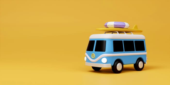 3d blue Mini van on yellow background , concept of beach vacation, landing page template in cute 3d cartoon illustration.