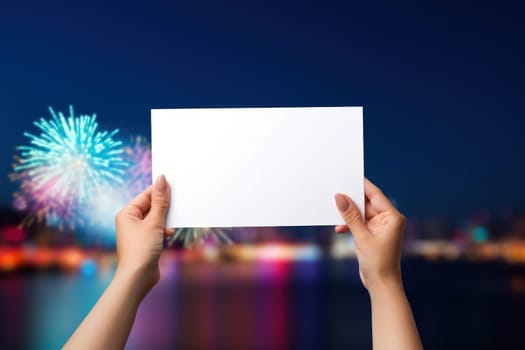 Woman holding white card on the fireworks display a night of celebration. Ai generated..