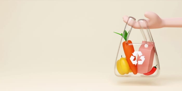 3d hand hold recycle plastic bag with carrot, bell pepper, chili and milk. recycle and save the planet and energy concept. 3d rendering illustration..