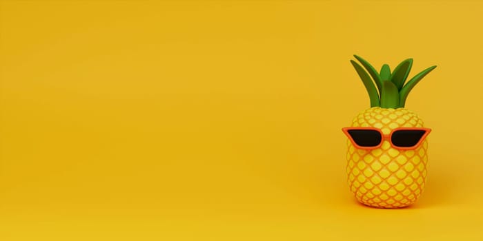 3d Summer concept with pineapple with sunglasses on yellow background . Copy space. 3d illustration banner. 3d rendering illustration.