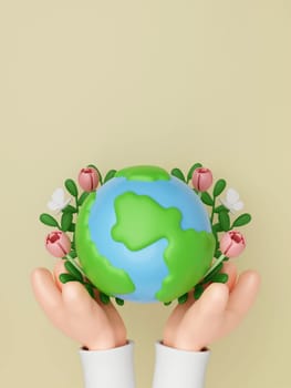 3d earth with flower. Concept of Save the Earth, Protect environmental and eco green life, ecology and nature protect. 3d rendering illustration..