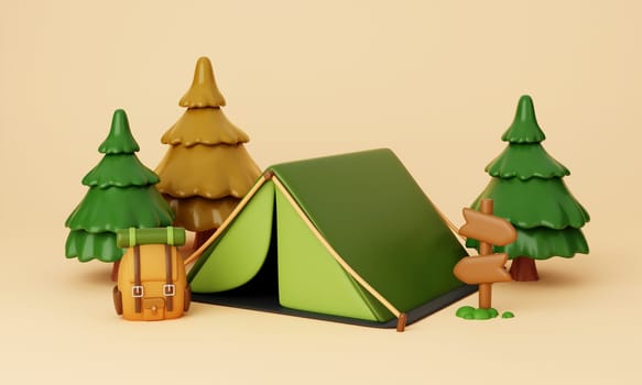 3d Campsite with traveling backpack in nature and elements for camping, summer camp, camp fire, trip, hiking. Concept. 3d rendering illustration..