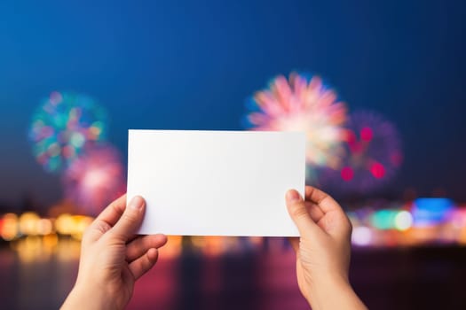 Woman holding white card on the fireworks display a night of celebration. Ai generated..