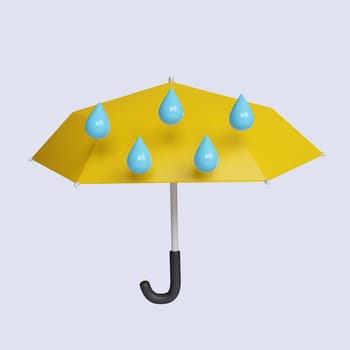 3d umbrella with rain. rainy day. icon isolated on gray background. 3d rendering illustration. Clipping path..