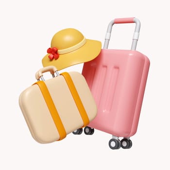 3d Time to travel. luggage and hat icon. summer vacation and holidays concept. icon isolated on white background. 3d rendering illustration. Clipping path..