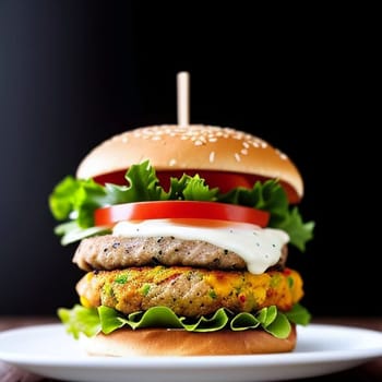 Fresh tasty burger on dark background. AI image.