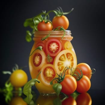 red and yellow ripe tomatoes in a jar, preservation, Dark background. AI image.