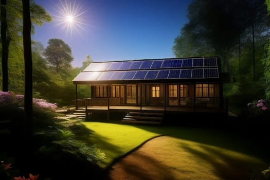 cozy house with solar panels in a beautiful forest. image generated using AI.