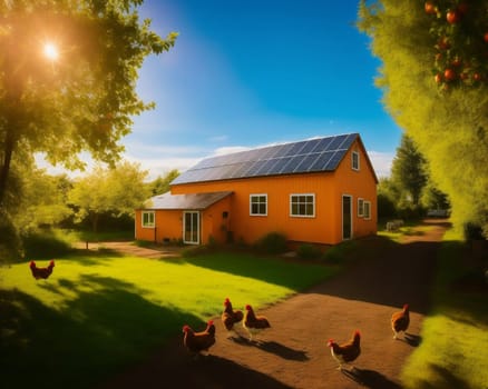 small house with solar panels, countryside. image generated using AI.