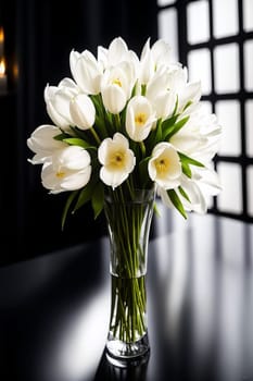 bouquet of white tulips on an abstract black and white background. AI-generated image.
