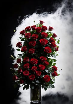 bouquet of red roses in a basket on a light background. image generated using AI.