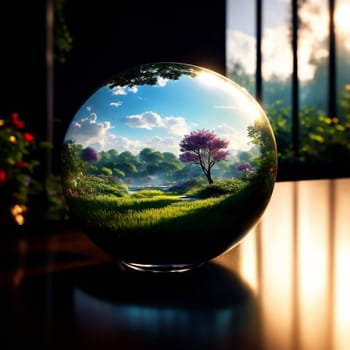 glass ball with abstract nature inside. AI generated image.