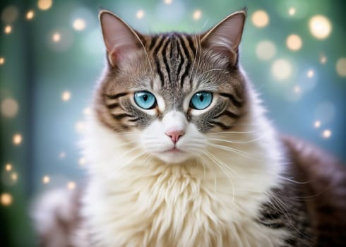 Beautiful young white cat with blue eyes on an abstract background . AI generated image.