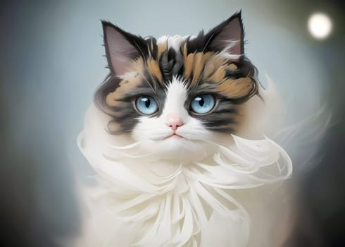 Beautiful young white purebred Ragdoll cat with blue eyes, on the bed at home.AI-generated image.