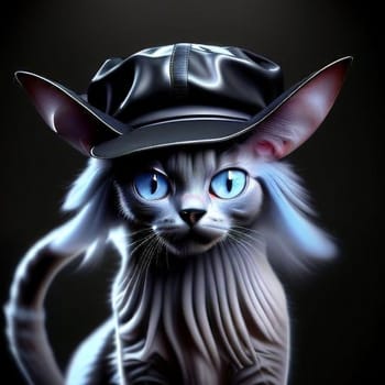 Cute cat with big blue eyes and big ears, wearing a hat, on a dark background. Created with AI.