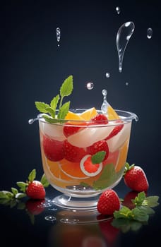 Cold summer strawberry kvass with mint in a glass isolated on black background. AI generated image.