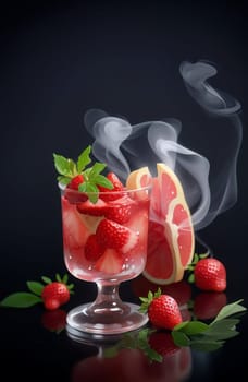 Cold summer strawberry kvass with mint in a glass isolated on black background. AI generated image.