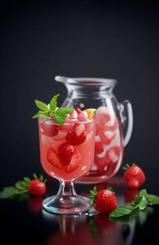 Cold summer strawberry kvass with mint in a glass isolated on black background. AI generated image.