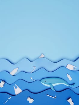 3d ocean with whale and garbage. The problem of plastic waste in the ocean. 3d rendering illustration..