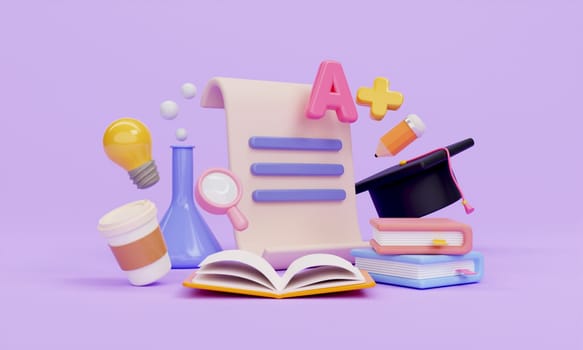 3d education concept. school accessories on purple background. back to school. 3d rendering illustration..