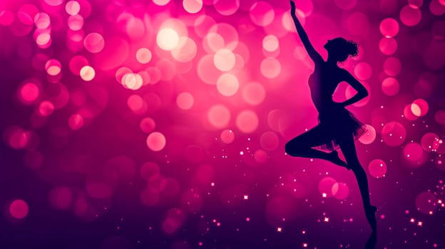 A ballerina gracefully dances amidst a vibrant pink and purple backdrop, mesmerizing the audience with her performance. The flash photography captures the enchanting moment at this captivating event.