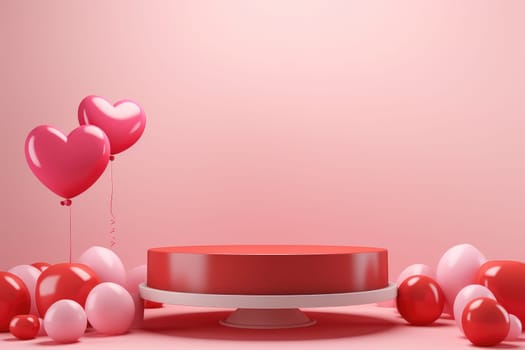 3D podium Valentine heart shaped balloons, Empty stage display presentation product, AI generate.