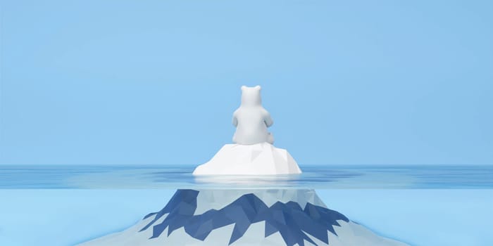 3d polar bear on ice. Melting iceberg and global warming. Climate change. 3d rendering illustration..