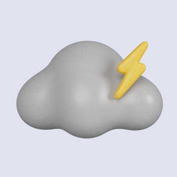 3d weather. cloud with yellow glowing lightning bolt. icon isolated on gray background. 3d rendering illustration. Clipping path..