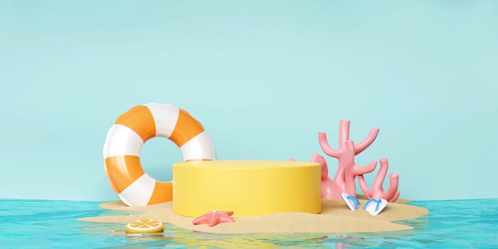Yellow podium with summer swimming ring and beach accessories ready for summer vacation. Creative travel concept for product display. 3d rendering illustration..