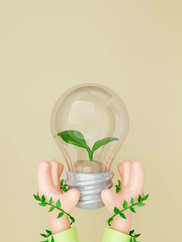 3d hand hold light bulb with plant. concept ecology and environment. Save the Earth, Protect environmental and eco green life, ecology and nature protect. 3d rendering illustration..